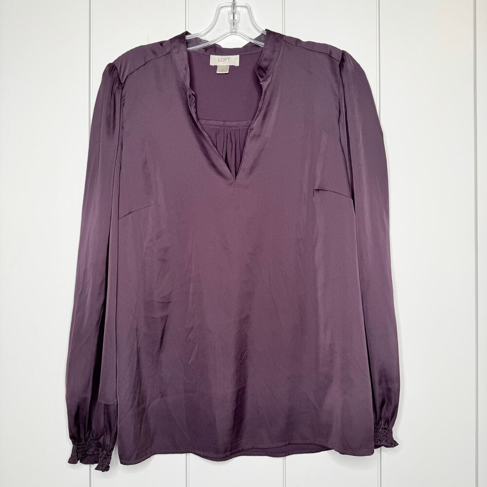 LOFT Deep Purple Drapey V-Neck Blouse Medium